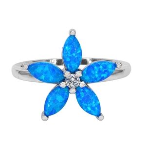Blue opal CZ Flower Sterling silver ring size 6 🆕